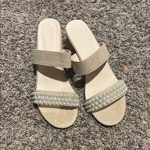 Elegant Pearl-Embellished Beige Sandals